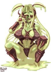 1girl 1girls antennae arthropod_girl big_breasts bikini black_bikini black_sclera breasts cleavage colored_sclera colored_tongue female green_eyes green_hair green_tongue hair_between_eyes highres indie_virtual_youtuber insect_girl juniper_actias large_breasts long_tongue looking_at_viewer monster_girl moth_antennae moth_girl navel skeleton slime_(substance) slime_girl slime_hair solo squatting swimsuit thick_thighs thighs tits tongue virtual_youtuber vtuber white_background