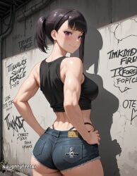 1girl abs ai ai-created ai_generated ass ass_focus asymmetrical_hair big_ass big_breasts big_nipples black_hair blushing breasts bubble_butt cleavage concrete crop_top curvaceous curvy curvy_female curvy_figure denim denim_shorts en'en_no_shouboutai enen_no_shouboutai erect_nipples female female_abs fire_force from_back graffiti hair_behind_ear hands_on_hips highleg highleg_panties hips huge_ass huge_breasts large_breasts maki_oze medium_breasts muscular muscular_female naughtyfeetai nervous nipple_outline nipples oze_maki panties ponytail puffy_nipples purple_eyes sexy shirt shorts shy shy_smile sleeveless smile solo standing street sweating sweating_profusely thick_ass thick_thighs thin_waist through_clothes urban vegetation wall