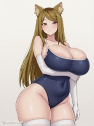 1girl :3 ai_generated animal_ear_fluff animal_ears areola_slip arm_under_breasts bare_shoulders blue_one-piece_swimsuit blush breasts brown_eyes brown_hair cat_ears cleavage collarbone covered_navel curvy elbow_gloves gloves huge_breasts kansai_neko_(yani_neko) long_hair looking_at_viewer one-piece_swimsuit school_swimsuit simple_background skindentation smile solo swimsuit thick_thighs thighhighs thighs twitter_username white_gloves white_thighhighs yani_neko