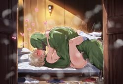 1boy 1girls ai_generated arm_around_neck arms_around_neck ass bald beard bed bedroom blonde_hair blush boy_on_top breasts censored clothes_removed colored_skin completely_nude condom deep_penetration facial_hair french_kiss from_side green_skin happy_sex heart hetero hug indie_virtual_youtuber indoors interspecies kiss leg_lock light_brown_hair lying manly mating_press missionary muscular muscular_male nude on_back on_bed open_door open_mouth orc panties penis pillow pointy_ears purple_eyes pussy_juice retromantique saliva sex short_hair size_difference skirt socks steaming_body sweat testicles tongue tongue_out vaginal virtual_youtuber white_socks yuno_nightingale