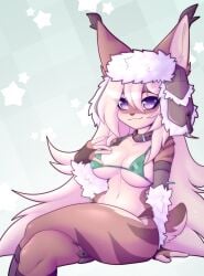 anthro big_ears boobs bra breasts brown_and_white_fur brown_stripes collar fur furry furry_female furry_only hat hearts long_hair mayrin_(artist) mayrin_(character) russian_hat seated short_tail silly star stars stockings tagme twitter watermark white_hair xnyavii