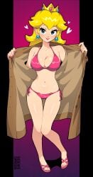 1girls big_breasts bikini blonde_hair blue_eyes blush breasts busty cleavage clothes_pull coat feet female female_only heart highres large_breasts legs long_hair mario_(series) navel nintendo open_clothes open_coat opened_by_self pink_bikini pink_lips pose posing princess princess_peach pulling_own_clothes qqqewie seductive seductive_look seductive_smile sensual sexy side-tie_bikini_bottom smile solo swimsuit thighs voluptuous