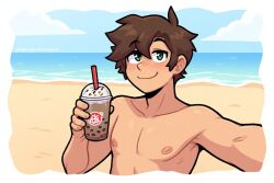 ai ai_generated beach beach_background brown_hair green_eyes selfie shirtless smiling