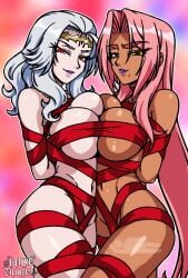 2girls arms_behind_back ass belly belly_button big_breasts boobs breast_press breasts cara_cromwell cara_the_blood_lord dark-skinned_female dark_skin female female_human female_only human ingrid_(taimanin_asagi) itakeabite lipstick mole mole_under_mouth pale-skinned_female pale_skin pink_background pink_hair purple_lipstick red_eyes ribbon ribbons smile submissive taimanin_(series) taimanin_asagi thighs tied white_hair wrapped yellow_eyes