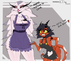 2girls anthro apron apron_only areola_slip areolae beak big_breasts bird bird_girl black_eyes black_hair breasts colored demon demon_girl demon_horns demon_tail deusvulpes english english_text female female_only fur hand_on_thigh helluva_boss horns mature mature_female mature_woman milf millie_(helluva_boss) mother naked_apron purple_apron red_apron red_body red_sclera red_skin short_hair sketch spoken_heart stella_(helluva_boss) tail text thighs white_body white_eyes white_skin yellow_sclera