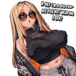 1girl 2026 2d absurd_res absurd_resolution absurdres ai_generated big_penis blonde_hair braid breasts covered_nipples crop_top english_text green_eyes hi_res high_quality high_resolution highres hololive huge_breasts huge_nipples image jacket jewelry koganei_niko large_areolae large_breasts long_hair looking_at_viewer meme midriff minjad multicolored_hair navel necklace off_shoulder open_clothes open_jacket open_mouth pants parted_bangs patreon puckered_lips puffy_nipples shiny_skin shorts simple_background solo sunglasses tank_top torn_clothes uncensured white_background
