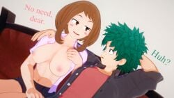 boku_no_hero_academia breasts dialogue izuku_midoriya koikatsu my_hero_academia nipples ochako_uraraka open_shirt partially_clothed perfect_idiot undressing