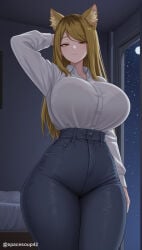 1girl ai_generated animal_ear_fluff animal_ears arm_behind_head arm_up blonde_hair bra_visible_through_clothes breasts brown_eyes brown_hair closed_mouth collared_shirt denim fox_ears huge_breasts indoors jeans kansai_neko_(yani_neko) long_hair long_sleeves looking_at_viewer moon night night_sky pants shirt shirt_tucked_in sky smile solo standing star_(sky) thighs twitter_username white_shirt window yani_neko yellow_eyes