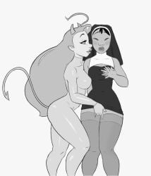 2girls artofpechi costume demon demon_horns demon_outfit disney female female/female female_only fingering fingering_partner fingering_pussy halloween halloween_costume lifeguard lifeguard_(lilo_and_stitch) lilo_and_stitch lola_the_lifeguard monochrome nani_pelekai nun_outfit pechi tagme yuri