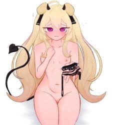 1girl 1girls 22foxulf animal_ears black_horns blonde_hair blush breasts cerber_(vtuber) collar commentary demon_horns demon_tail dog_ears dog_girl embarrassed english_commentary female hair_between_eyes hair_ribbon highres hips holding holding_leash horns indie_virtual_youtuber leash long_hair nipples purple_eyes pussy ribbon small_breasts spiked_collar spikes tail thighs tits virtual_youtuber vtuber white_background