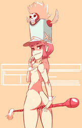 1girls anus ass baton cum female flat_chest from_behind grinding hat highres jakuzure_nonon kill_la_kill masturbation nipples nude pink_hair polyle pussy pussy_juice red_eyes shako_cap short_hair smile solo winged_hat wrist_cuffs