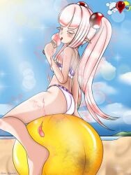 aged_up arm_support artist_request ass ass_press back_view ball_(object) beach beach_ball clouds elf_girl feet food frilled_bikini hair_ornament ice_cream_drip inflatable licking_ice_cream looking_back on_ball original original_character petite pink_eyes pink_hair pointy_ears pool_toy sand sitting sitting_on_ball sitting_on_beach_ball sky small_ass small_breasts soles straddling summer thick_thighs thighs twintails white_bikini