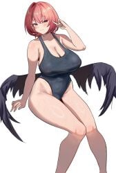 1girl absurdres alternate_costume black_wings blue_one-piece_swimsuit blush breasts chergozi cleavage collarbone commentary hair_intakes highres invisible_chair large_breasts looking_at_viewer medium_hair one-piece_swimsuit pink_hair pointy_ears purple_eyes remielle_dan remielle_dan_(moonlight_whispers) simple_background sitting smile solo swimsuit wet white_background wings zenless_zone_zero