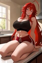 1girl ahoge ai_generated artist_name bangs bare_legs bare_shoulders barefoot black_tank_top blue_eyes blush breasts cleavage crossed_bangs dolphin_shorts hair_between_eyes hi_res high_quality high_resolution high_school_dxd huge_ahoge indoors large_breasts long_hair looking_at_viewer midriff navel patreon patreon_username red_hair red_shorts rias_gremory seductive seiza sexy short_shorts shorts sitting smile solo tank_top thighs uncensored very_long_hair watermark