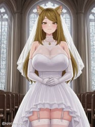 1girl ai_generated animal_ear_fluff animal_ears bare_shoulders blonde_hair blush breasts bridal_veil brown_eyes brown_hair chair church cleavage closed_mouth cowboy_shot dress elbow_gloves fox_ears garter_straps gloves huge_breasts indoors jewelry kansai_neko_(yani_neko) large_breasts long_hair looking_at_viewer necklace own_hands_together ring see-through see-through_cleavage skindentation smile solo swept_bangs thighhighs thighs twitter_username veil wedding_dress wedding_ring white_dress white_gloves white_thighhighs yani_neko yellow_eyes
