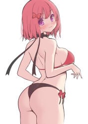 1girl ass back bare_arms bare_shoulders bikini black_bikini black_ribbon blush bow breasts butt chocolate_cosmos_(flower_knight_girl) closed_mouth cowboy_shot flower_knight_girl from_side hair_between_eyes hair_bow kintarou_(kintarou's_room) large_breasts looking_at_viewer looking_back medium_hair neck_ribbon purple_eyes red_bikini red_bow red_hair ribbon shoulder_blades side-tie_bikini_bottom simple_background skindentation solo standing straight_hair swept_bangs swimsuit white_background