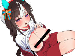 1girl animal_ears arrow_(symbol) bar_censor beret blue_bow blush border bow braid breasts breasts_out brown_hair censored censored_nipples commentary_request day ear_covers hair_bobbles hair_bow hair_ornament hat highres hokko_tarumae_(umamusume) horse_ears horse_girl horse_tail jacket knees_up long_hair long_sleeves multicolored_hair open_mouth orange_bow purple_eyes red_jacket red_shorts roooou_(rou-uma) shorts signature sitting solo streaked_hair striped_bow striped_hair tail tracen_training_uniform track_jacket twin_braids umamusume very_long_braid white_border white_hair white_hat white_streaks