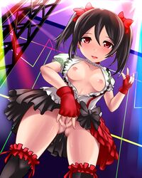 black_hair blush bow breasts censored female fingering gloves hairbow highres large_breasts looking_at_viewer love_live! love_live!_school_idol_project masturbation nipples open_clothes open_mouth pussy red_eyes short_hair skirt smile solo thighhighs tied_hair twintails yazawa_nico yoshimo