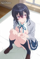 1girl ai_generated anime anime_style asanagi_umi bed black_hair black_socks blazer blue_ribbon blue_skirt blush breasts breasts_out brown_footwear class_de_2-banme_ni_kawaii_onnanoko_to_tomodachi_ni_natta closed_mouth collared_shirt curtains grey_jacket hair_between_eyes hands_on_own_knees hentai hi_res i_made_friends_with_the_second_prettiest_girl_in_my_class indoors jacket kneehighs large_breasts loafers long_sleeves looking_to_the_side medium_breasts mystic_maidens neck_ribbon nipples no_bra no_panties on_bed open_clothes open_jacket open_shirt patreon pleated_skirt pussy red_eyes ribbon school_uniform shirt shoes short_hair sitting skirt socks solo umi_asanagi uncensored white_shirt window wooden_floor