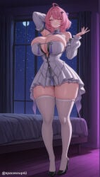 1girl ahoge ai_generated areola_slip bare_shoulders bed black_footwear blush breasts cleavage closed_mouth detached_sleeves dress full_body full_moon hair_ornament high_heels huge_breasts indoors long_sleeves looking_at_viewer medium_hair moon night night_sky pink_eyes pink_hair remielle_dan sky smile solo standing star_(sky) starry_sky thick_thighs thighhighs thighs twitter_username white_dress white_thighhighs zenless_zone_zero