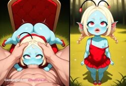 1_girl 1boy 2d 4k 8k ai_assisted ai_generated antennae ass_up bare_butt big_butt big_butt_cheeks big_buttocks big_lips big_pupils blue_eyes body_focus braided_hair breasts_out chair fins fish flat_colors male red_eyes teal_skin