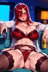 1girl ai_generated arzagod big_breasts black_stockings blush brown_eyes erza_scarlet fairy_tail large_breasts long_hair perfect_legs red_hair red_lingerie stockings tagme thick_thighs
