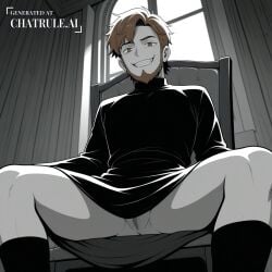 1boy ai_assisted ai_generated beautiful brown_eyes brown_hair day dress facial_hair general grayscale grin high_contrast highres indoors looking_at_viewer meyer no_nose perfect_anatomy pussy sharp_teeth short_hair sitting_on_chair slit_pupils smug socks upskirt_view