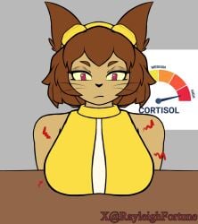 annoyed breast_on_table brown_hair clothing domestic_cat felid feline felis female gameoverse glitch_productions hair hi_res kit_(gameoverse) kit_bodega looking_down mammal rayleigh_fortune solo suit tight_clothing whiskers