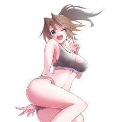 anzu_mazaki cameltoe large_breasts panties peace_sign ponytail sengenjin31 sideboob smiling sports_bra winking_at_viewer yu-gi-oh!