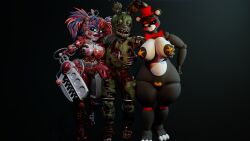 1boy 2girls 3d 3d_(artwork) animatronic animatronic_female bear_girl big_ass big_breasts black_body breast_grab bunny_costume clown_girl covered_nipples covered_pussy female five_nights_at_freddy's five_nights_at_freddy's_3 five_nights_at_freddy's_6 freddy_fazbear's_pizzeria_simulator green_eyes lefty_(fnaf) looking_at_viewer male robot robot_girl scrap_baby scrap_baby_(cosmic_trance) smile springtrap_(fnaf) standing straight trio william_afton yellow_eyes