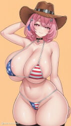 1girl ai_generated american_flag_bikini areola_slip arm_behind_head arm_up bare_arms bare_shoulders bikini black_choker black_thighhighs blush breasts brown_headwear choker cleavage closed_mouth collarbone cowboy_hat curvy flag_print groin hair_ornament hair_ribbon hat huge_breasts looking_at_viewer medium_hair micro_bikini navel pink_eyes pink_hair plump print_swimsuit remielle_dan ribbon simple_background skindentation smile solo standing star_(symbol) stomach string_bikini swimsuit thick_thighs thighhighs thighs underboob wide_hips zenless_zone_zero