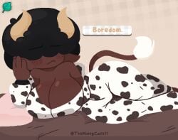 1girls 2025 african_female afro artist_logo artist_name bed bedroom big_boobs big_breasts big_hair big_tits black_hair bored bored_expression bovine_humanoid brown_skin cleavage color colored cow_ears cow_girl cow_print cow_tail curvy curvy_female dark-skinned_female dark_hair eyes_covered female female_focus female_only fluffy_hair freckles freckles_on_face hand_on_face horns huge_breasts huge_tits laying_down laying_on_side onesie original_character pajamas pillow resting_head solo tagme tail text text_bubble themintycafe11 thick thick_thighs wide_hips