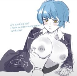 angela_(lobotomy_corporation) areolae bangs big_breasts blue_hair blush busty busty_female doodle fondling_breast grabbing_another's_breast hand_on_breast lobotomy_corporation nipples open_shirt project_moon shirt_open short_hair talking_to_viewer
