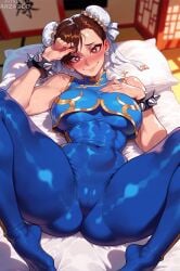 1girl ai_generated arzagod big_breasts blush brown_eyes brown_hair capcom chun-li fit_female hair_bun hair_ribbon large_breasts muscular_female perfect_legs street_fighter tagme thick_thighs