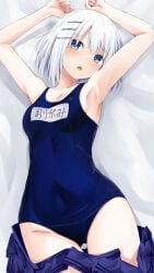 1girl arms_up bed blue_eyes blush date_a_live hair_ornament hairclip indoors legs looking_at_viewer lying on_back one-piece_swimsuit pillow raised_arms school_swimsuit short_hair small_breasts solo thighs tobiichi_origami white_hair
