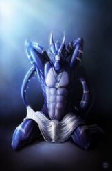 2013 abs anthro arm_behind_head blue_dragon blue_eyes blue_scales dragon dragonlovers erection grin horn knot looking_at_viewer male male_only muscles nude penis plain_background pose raventhan scalie shiny sitting solo spread_legs spreading stripes western_dragon white_scales