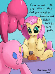 2014 balls blue_eyes caboni32 cutie_mark dialog dickgirl english_text equine female fluttershy_(mlp) friendship_is_magic fur hair horse intersex mammal my_little_pony pegasus penis pink_fur pink_hair pinkie_pie_(mlp) pony straight_hair text wings yellow_fur