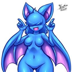 2013 anthro anthrofied bangs_(character) bat big_ears blue_fur blue_hair breasts cute fangs female fur hair hair_over_eyes happy mn_xenx navel nintendo no_nipples nude plain_background pokemon raised_arm shadow sharp_teeth shiny short_hair smile solo standing teeth tongue video_games white_background wings zubat