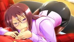 ass blue_eyes blush brown_hair censored fellatio female game_cg glasses highres legs looking_down lying oral pantyhose penis ribahara_aki short_hair skirt spread_legs thighs yomi_ecchi!_honzuki_de_mousou_kei_na_senpai_to_otokozuki_de_koakuma_kei_na_sensei_demotte_boku