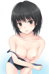 amagami black_eyes black_hair blush breasts female n.g. nanasaki_ai nipples one-piece_swimsuit pointy_chin solo sweat swimsuit undressing