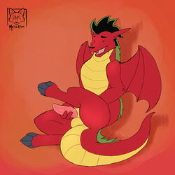 1boy 2014 american_dragon:_jake_long anthro balls disney dragon erection fur hair jake_long male male_only masturbation metalfox open_mouth penis plain_background red_skin sitting solo teeth tongue