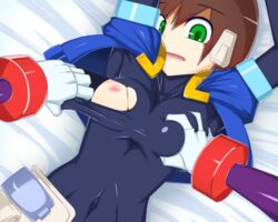 aile bodysuit breast_grab breasts brown_hair clothes green_eyes hair mega_man mega_man_zx nipples pointy_chin prometheus_(mega_man) tagme torn_clothes