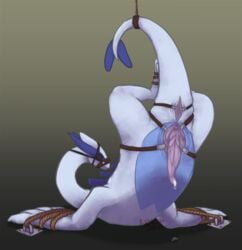 2014 anus ass bondage bound erection feral genital_slit grey_background legendary_pokemon lugia lying male male_only nakoo nintendo nude on_front penis plain_background pokemon pokemon_(species) presenting presenting_hindquarters raised_leg rope solo spreading_anus spreading_slit tail_bondage tail_cuff tapering_penis video_games