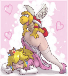 2014 ass ass_grab ass_up blonde_hair blue_eyes blush crown dark_nek0gami ear_piercing elbow_gloves female gloves hair heart human koopa lipstick long_hair male mario_(series) nintendo open_mouth paratroopa piercing princess_peach scalie sex shoes stockings straight tongue video_games wings