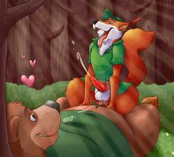 anthro balls bear bottomless canine cum cum_while_penetrated disney duo erection fox furry furry_only gay hands-free heart little_john male male_only mammal no_humans orgasm overweight penetration penis robin_hood_(character) robin_hood_(disney) sex size_difference skaifox testicles tunic