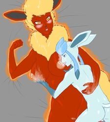 balls big_breasts blue_eyes blue_fur blush breasts eeveelution flareon fur furry glace glaceon grope licking nintendo no_humans pokemon pokemon_(species) pokephilia pussy tongue video_games