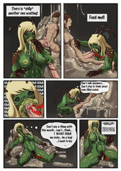 1boy1girl 1girls arthropod birth birthing blonde_hair blowjob breasts brown_hair comic domination egg egg_laying english_text fellatio female female_ejaculation femdom goo green_eyes green_skin insects long_hair lunate male open_mouth oral oral_sex penis pussy pussy_juice rape reverse_forced_oral sex short_hair slime spitbug spread_legs sticky transformation wet