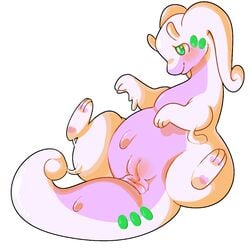 anus blush chubby dragon female goo goodra green_eyes lamm lying nintendo plain_background pokemon pokemon_(species) puffy_anus pussy slimy solo thick_thighs video_games white_background wide_hips