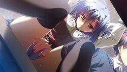 12_no_tsuki_no_eve blue_hair brown_eyes game_cg masturbation minori panties shiina_anzu short_hair shouna_mitsuishi thighhighs underwear