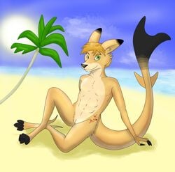 2014 anthro blonde_hair cuntboy digital digital_art fish fur hair hybrid intersex jaxneesen kangaroo looking_at_viewer mammal marine marsupial nude pose pussy relaxing shark sitting smile solo